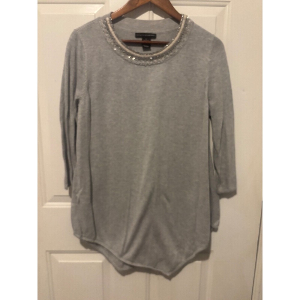 Grace Elements‎ Sweater 3/4 Sleeve Pullover Bling Rhinestones Beaded L Gray